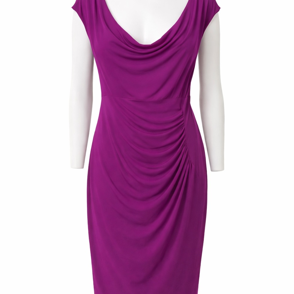 💜 Lauren Ralph Lauren Purple Ruched Cowl Neck Sheath Dress Knee Length Cocktail